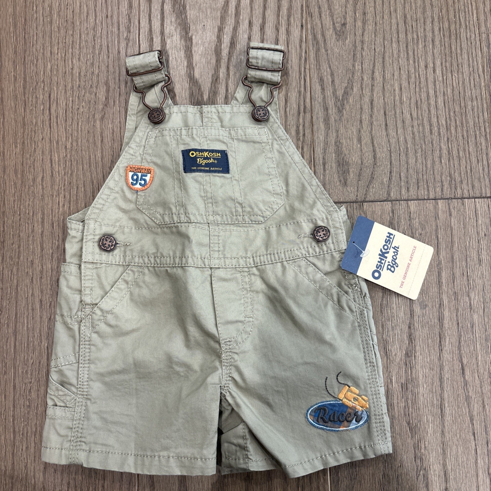 OshKosh B’Gosh Khaki Shorts Overalls W/ Highway 95 & Racer Car Size 3 Month