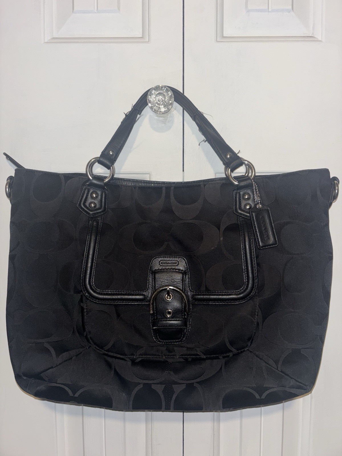 Coach Signature Logo Large Tote Zip Black/Gray, Buckle Pocket, Charm, Silver