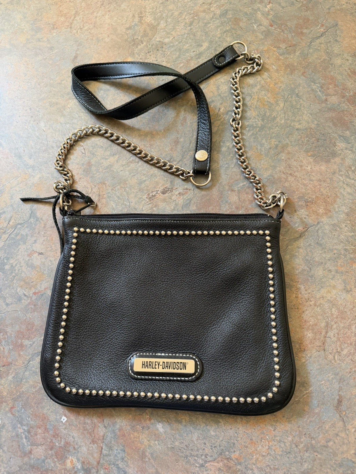 Harley Davidson Women’s Black Leather Studded Crossbody Chain