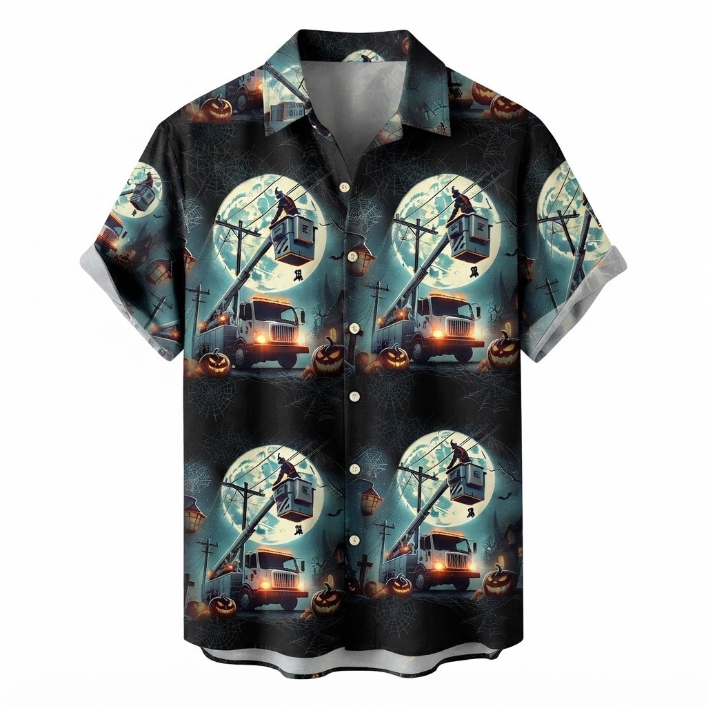 Spooky Utility Lineman Halloween Hawaiian Shirt Power Line Bucket Truck Beach
