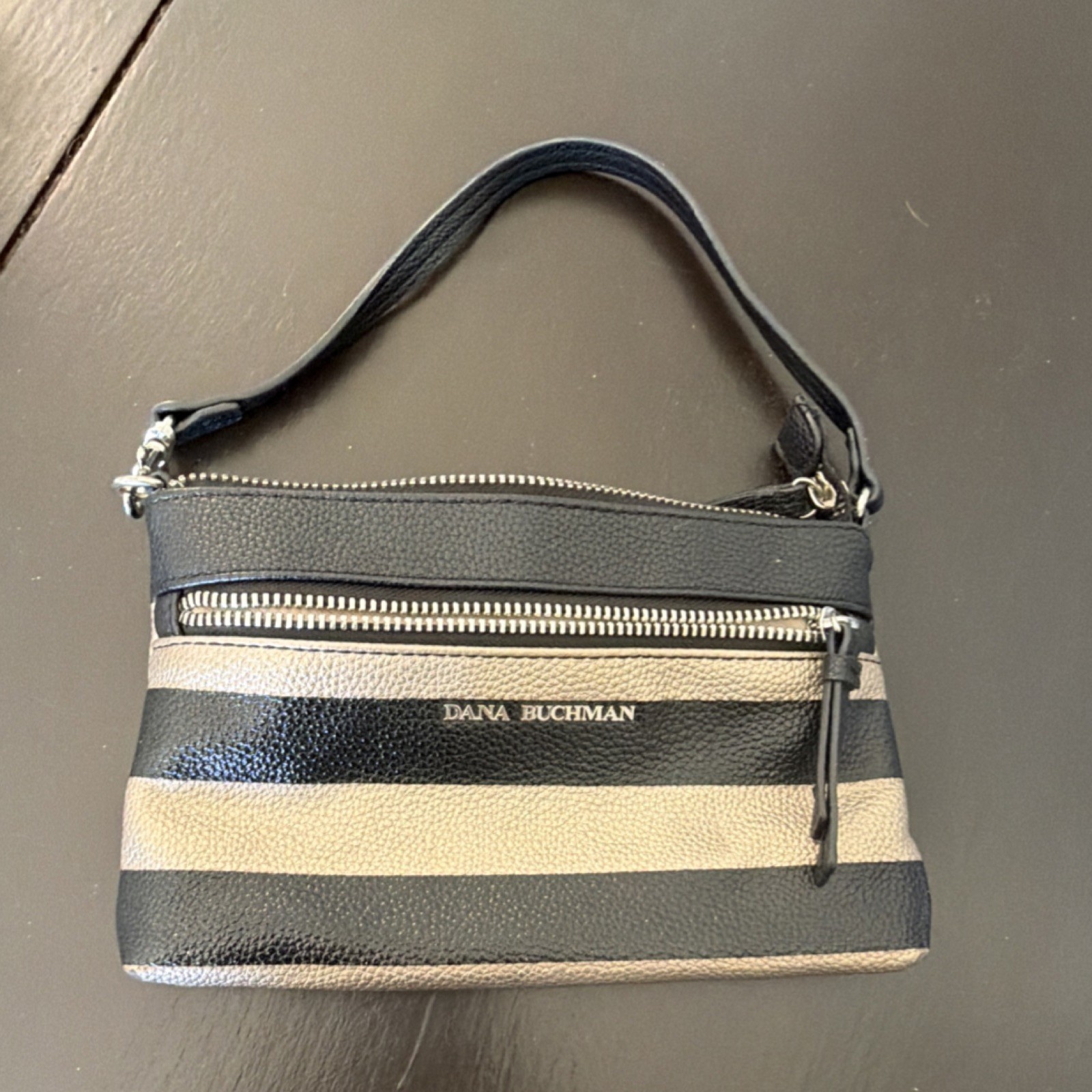 Dana Buchman Black Beige Striped Clutch with Zipper Accent for Women