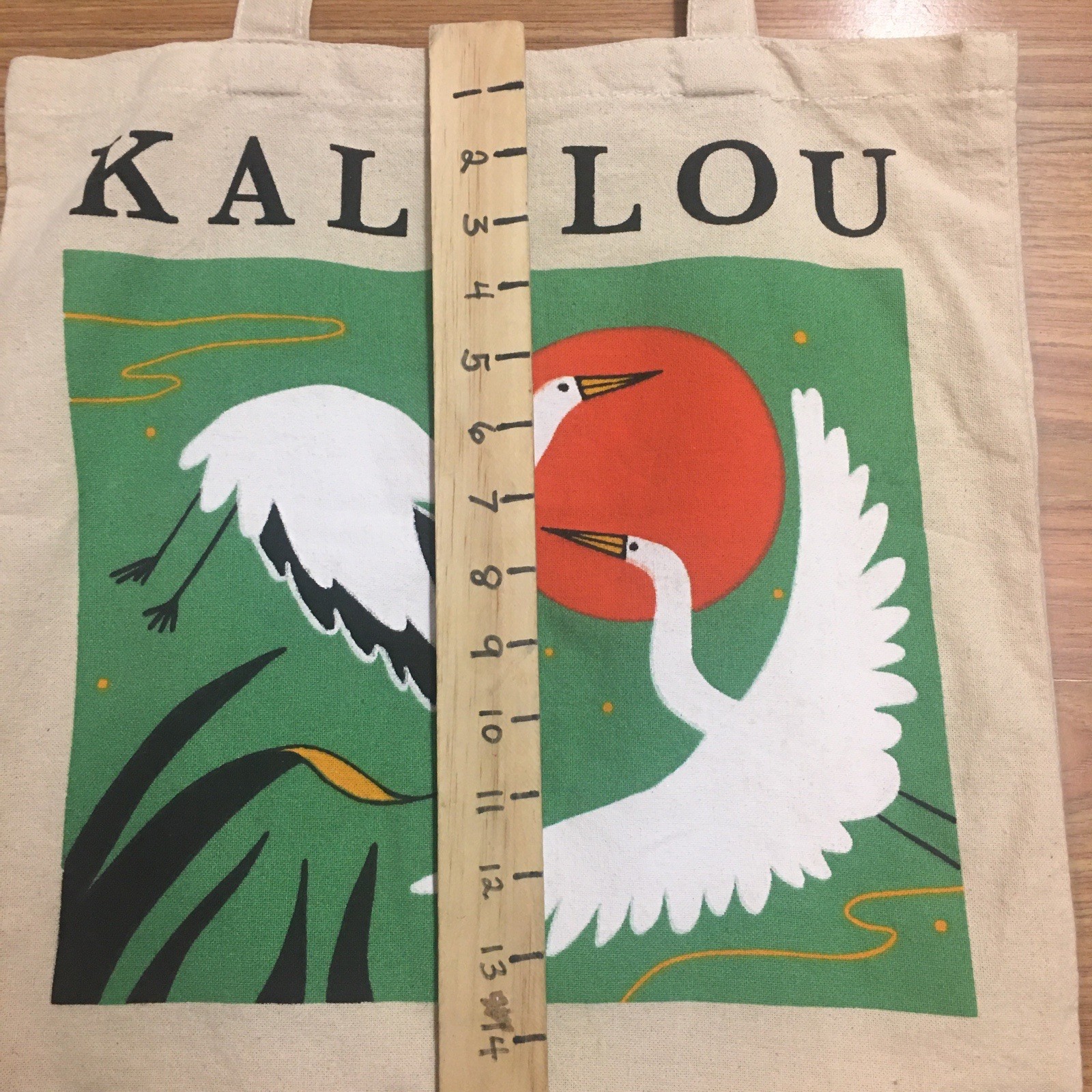 Kalalou white Cranes birds orange sun canvas tote bag