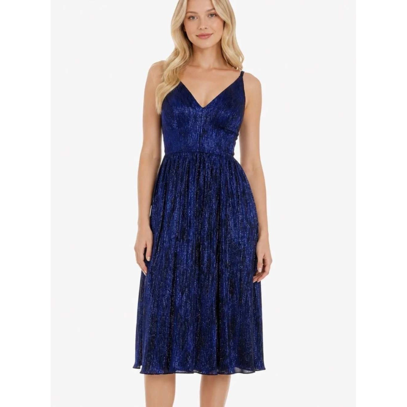Dress The Population Haley Dress Size L Metallic Blue Fit Flare Cocktail NWT