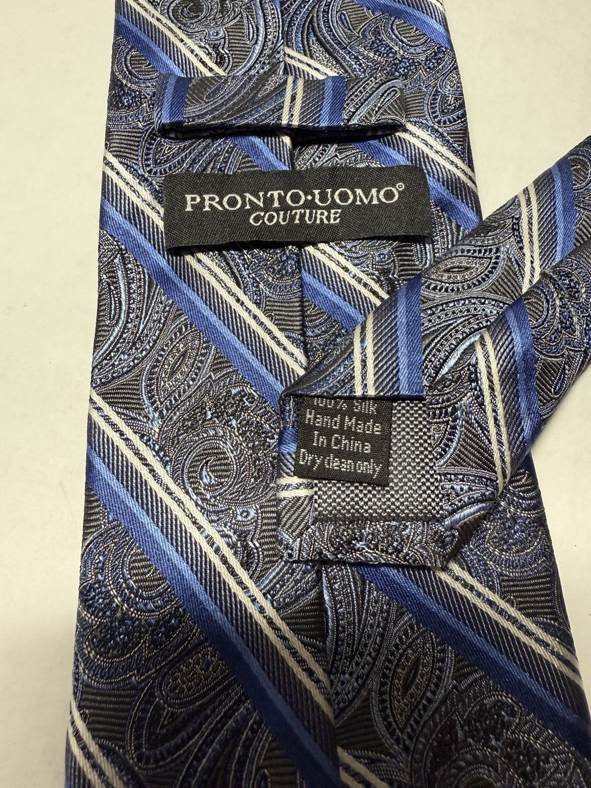 Pronto Uomo Couture Silk Tie XL Gray Blue Stripes Tonal Jacquard Paisley EUC