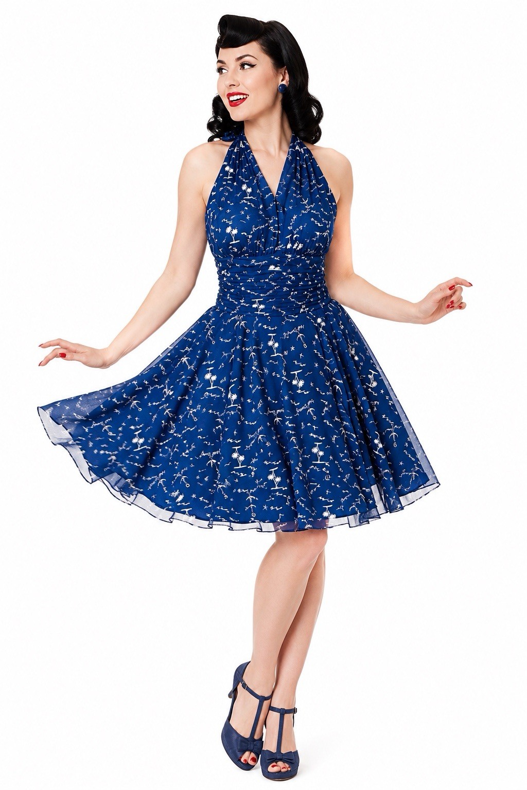 HELL BUNNY halter pinup girl dress nautical blue SMALL fit flare retro inspired