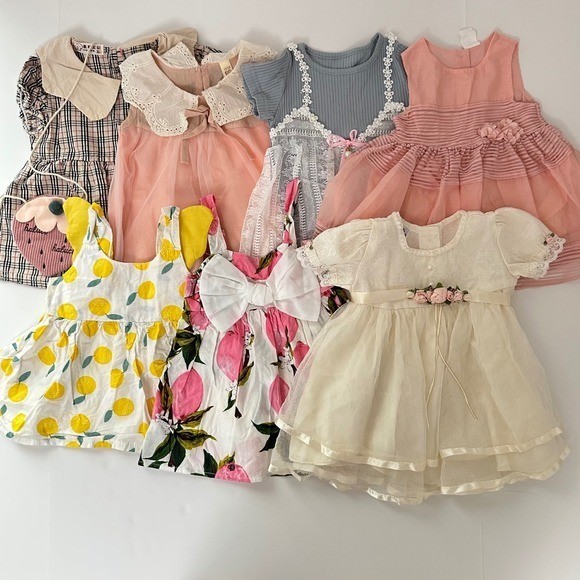 Bundle of 7 Baby Girl Dresses Fruit Floral Lace Tulle Plaid Summer Size 4-12M
