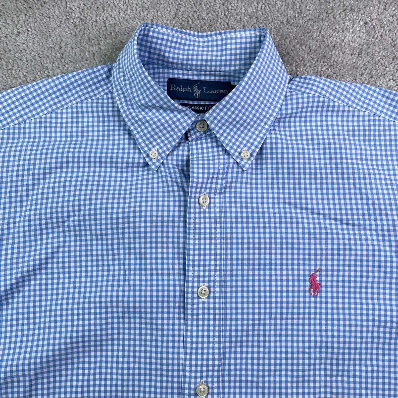 Ralph Lauren Shirt Mens Medium Blue Gingham Classic Fit Button Down Pony Logo