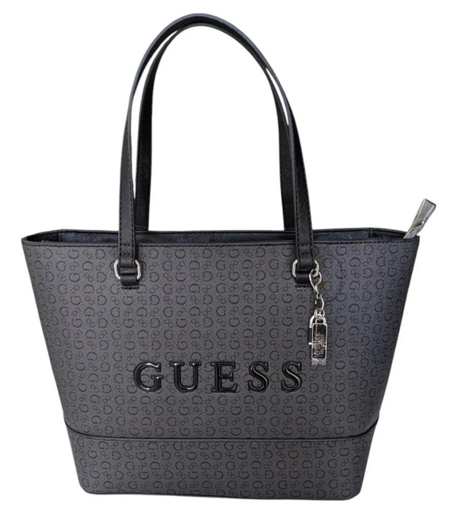 GUESS Black & Gray Monogram Tote Shoulder Bag Zip Top Logo Charm