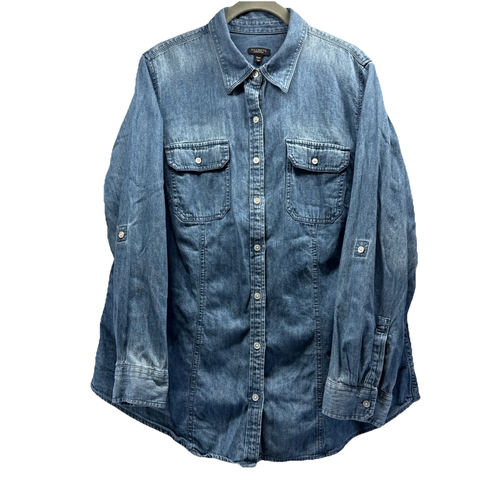 Talbots Women’s Denim Top Size 16W Petite Blue Button Up Roll Tab Sleeve Fitted