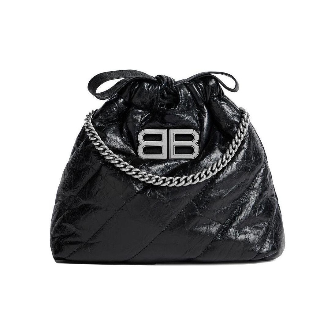 Balenciaga Crush Vintage Silver BB Logo Crossbody Bag Women’s Black 7.8x3x7.8 in