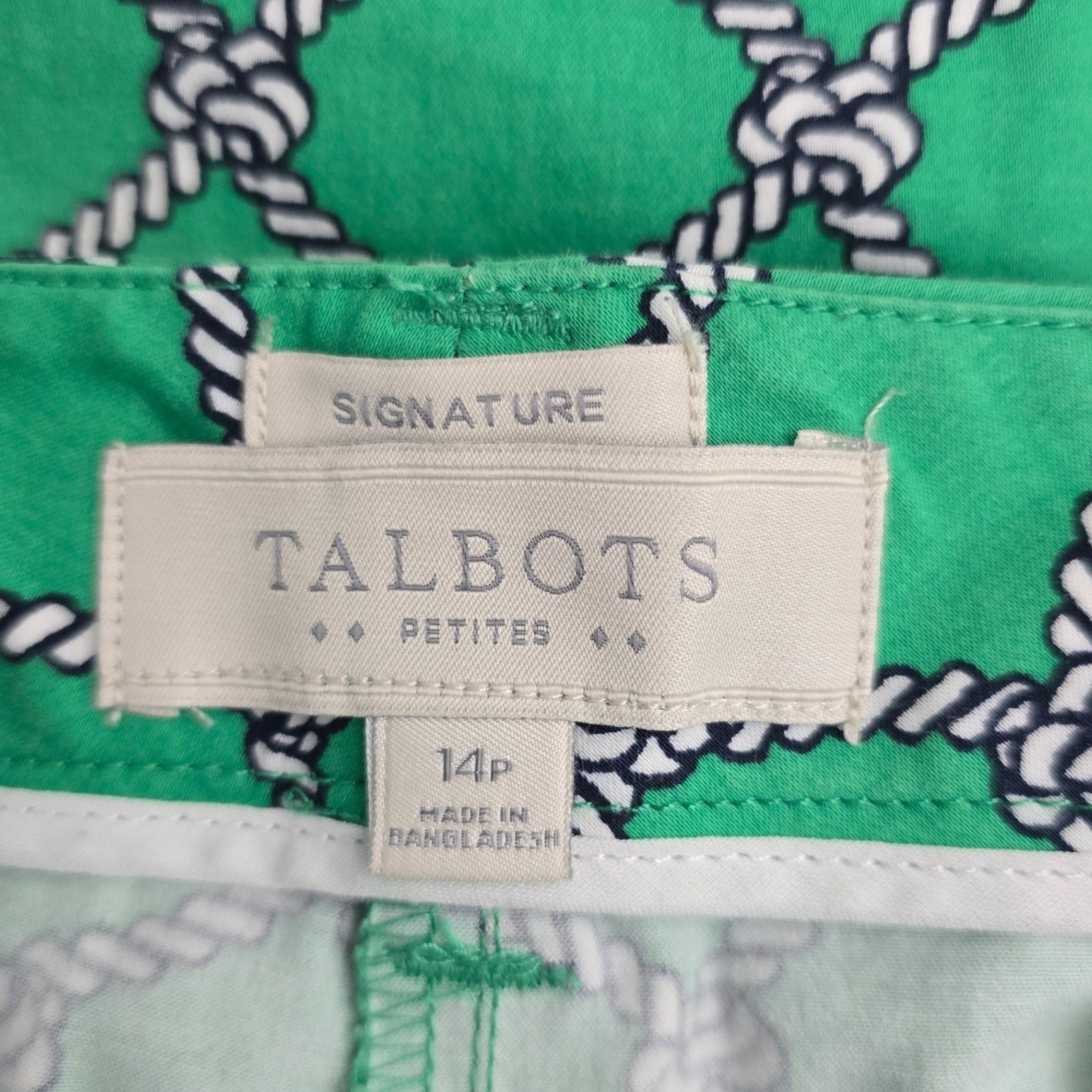 Talbots Petites Rope Print Slit Hem Zipper Button Closure Capri Pants Green 14P