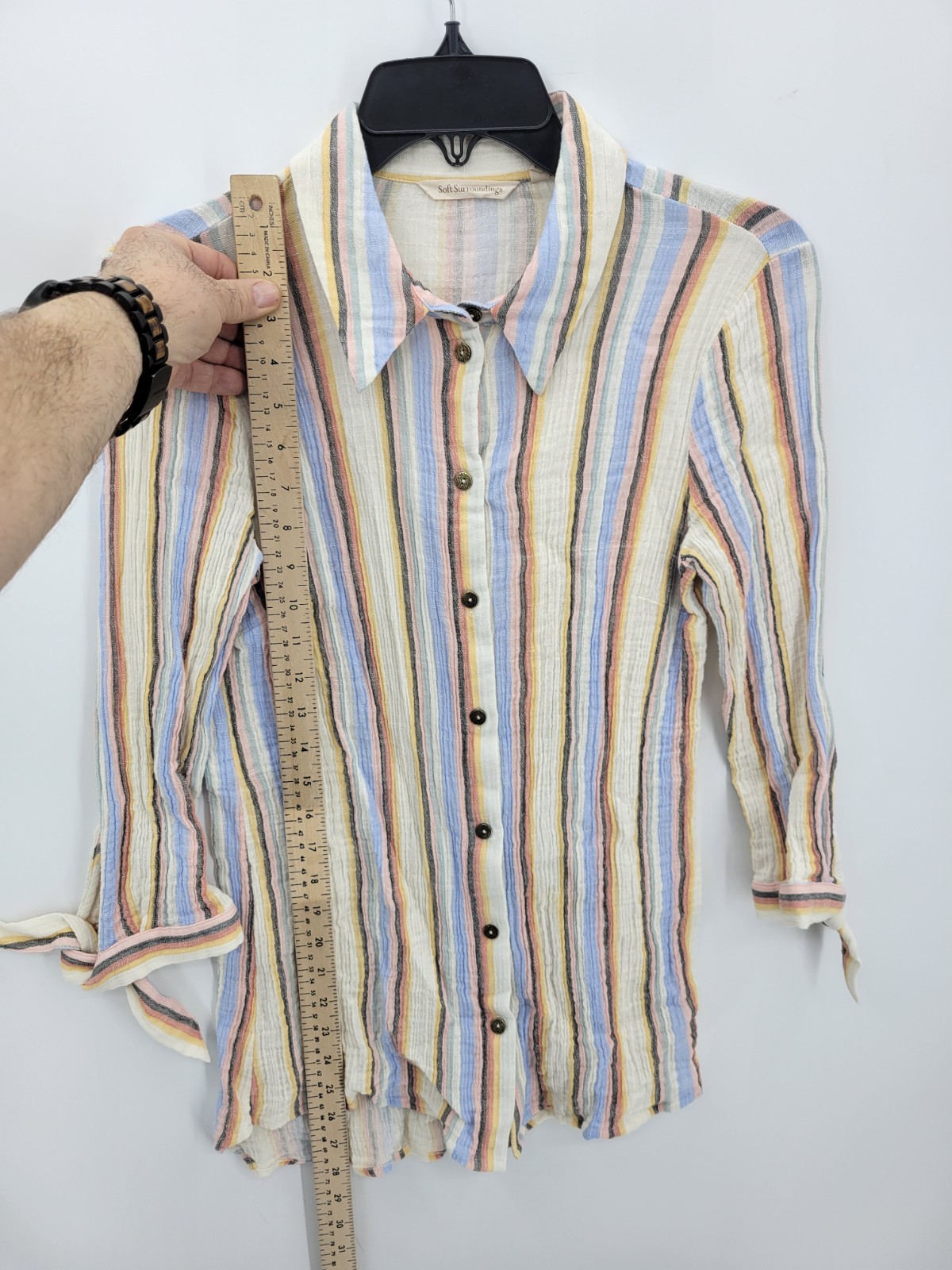 Soft Surroundings Top Womens Small Striped Gauze Tie Cuff Boho Beachy Blouse