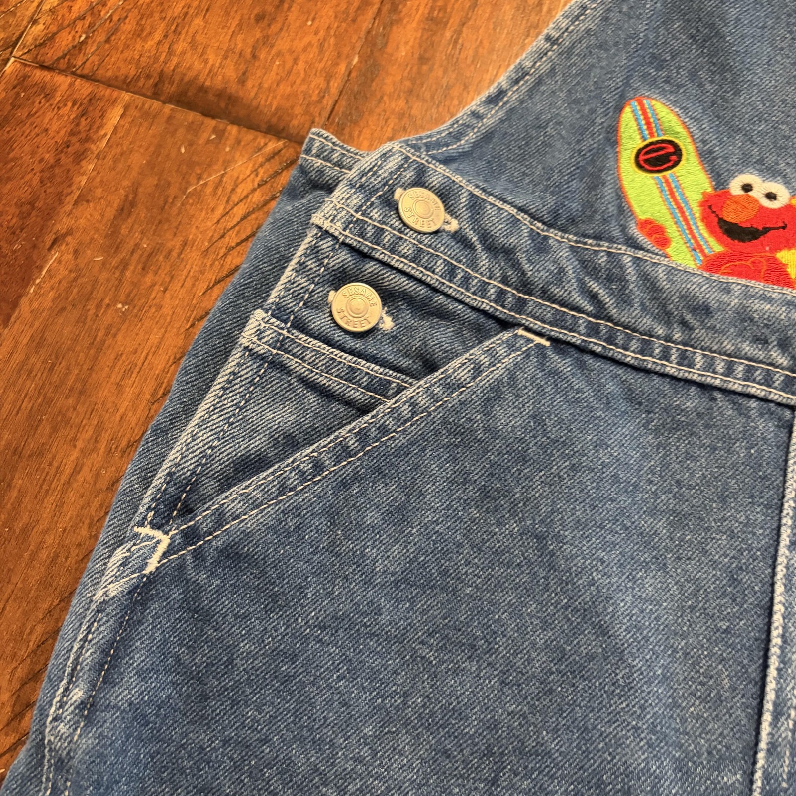 Sesame Street Shortall Kids 4T Blue Denim Big Bird Elmo Overalls Jeans