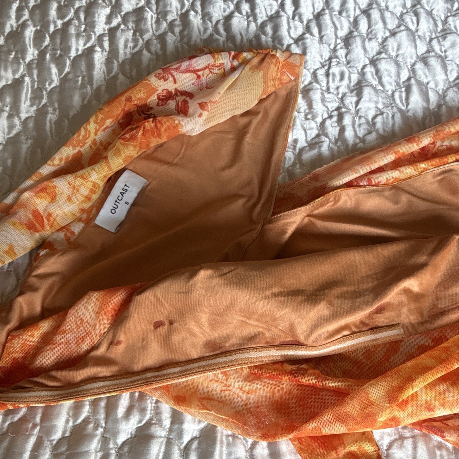 Outcast Cailie Mini Dress S Orange/Beige Floral One Shoulder Cut-Out Draped