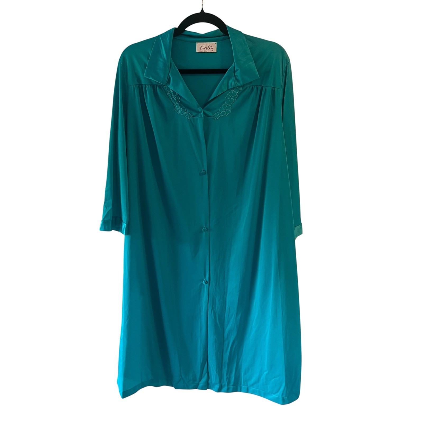 Vintage Vanity Fair Nylon Robe Housecoat Teal Blue Green Button Front Size M