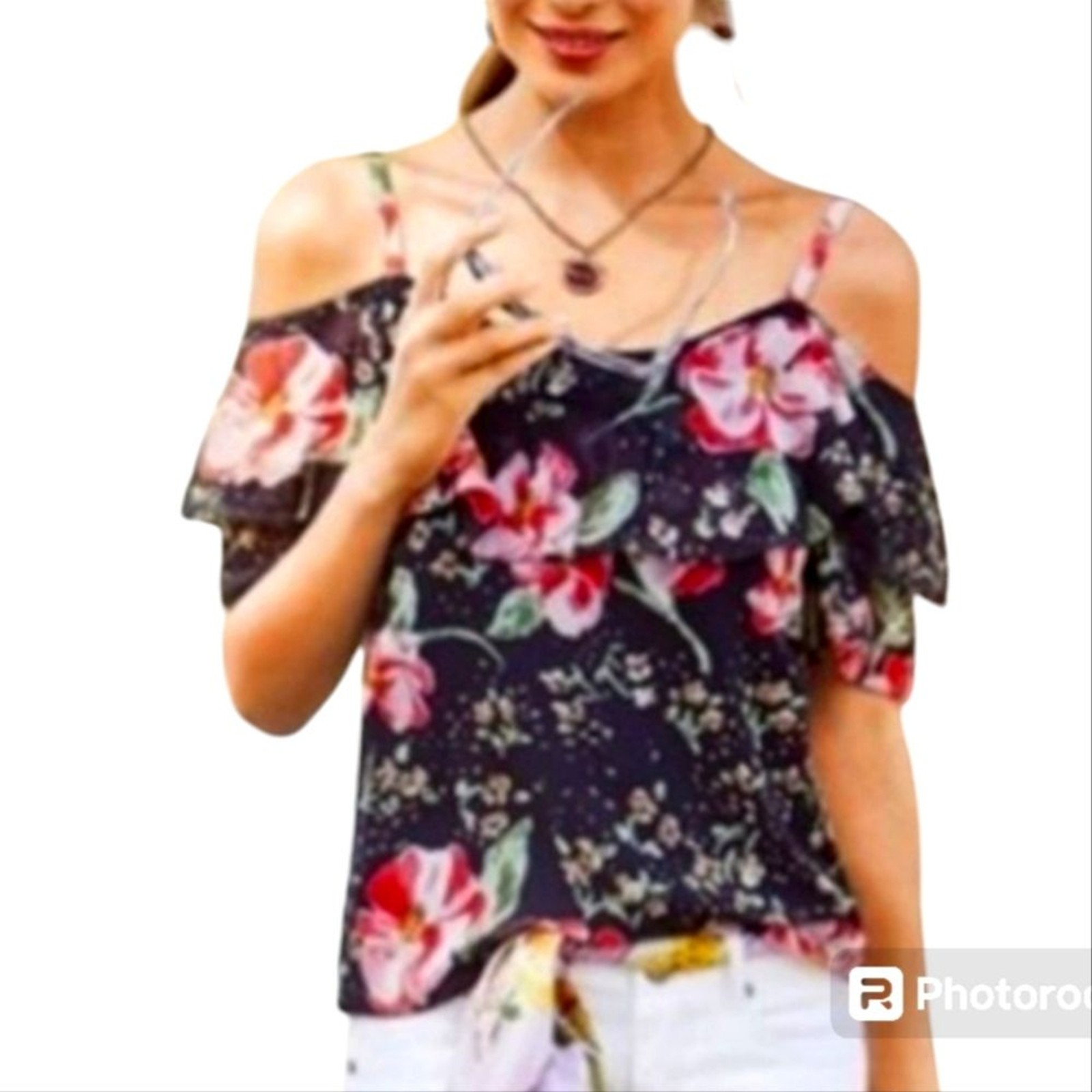 CABI Size Medium Navy Pink Floral Ruffled Off the Shoulder Blouse Coastal Chic