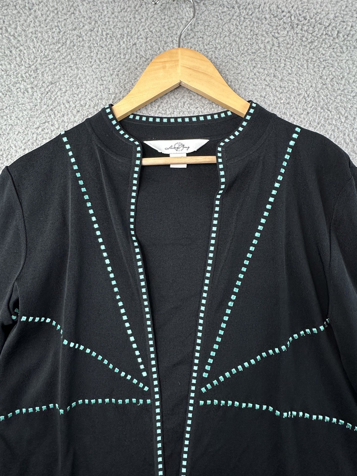 Ming Wang Jacket Womens PM Black Turquoise Open Front Cardigan Blazer Knit