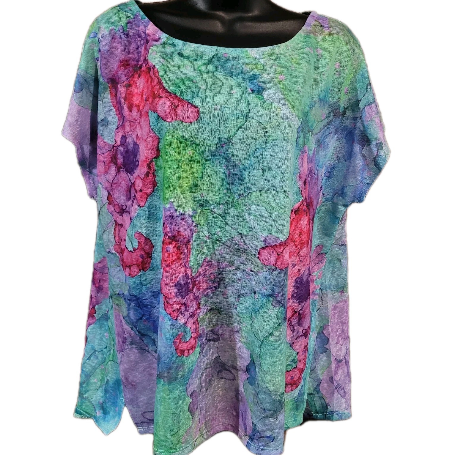Art & Sol Art to Wear Knit Top XL Colorful Abstract Seahorse Tropical Boxy Shirt