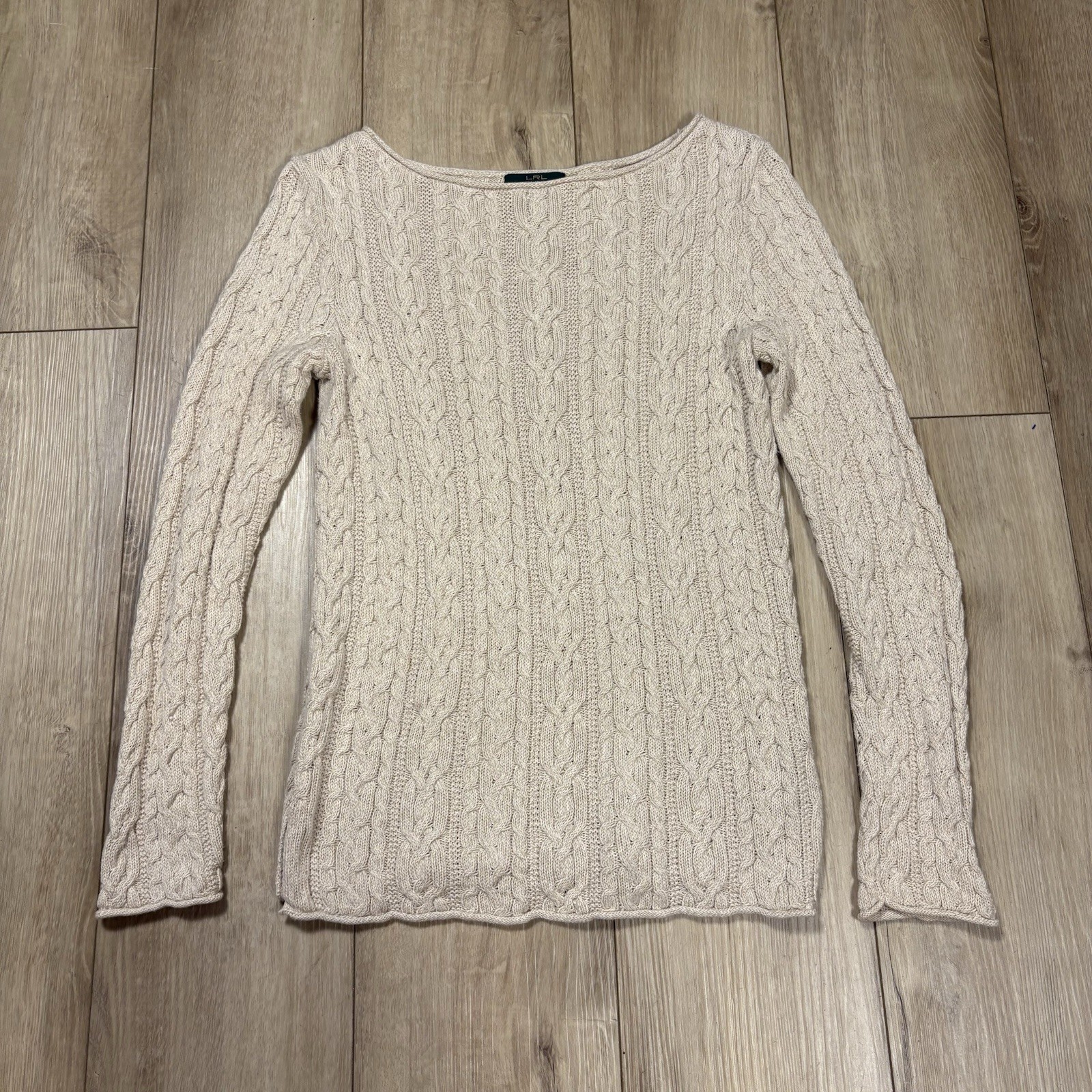 LRL Lauren Jeans Co Ralph Lauren Cable Knit Sweater Beige Cotton Roll Neck Small