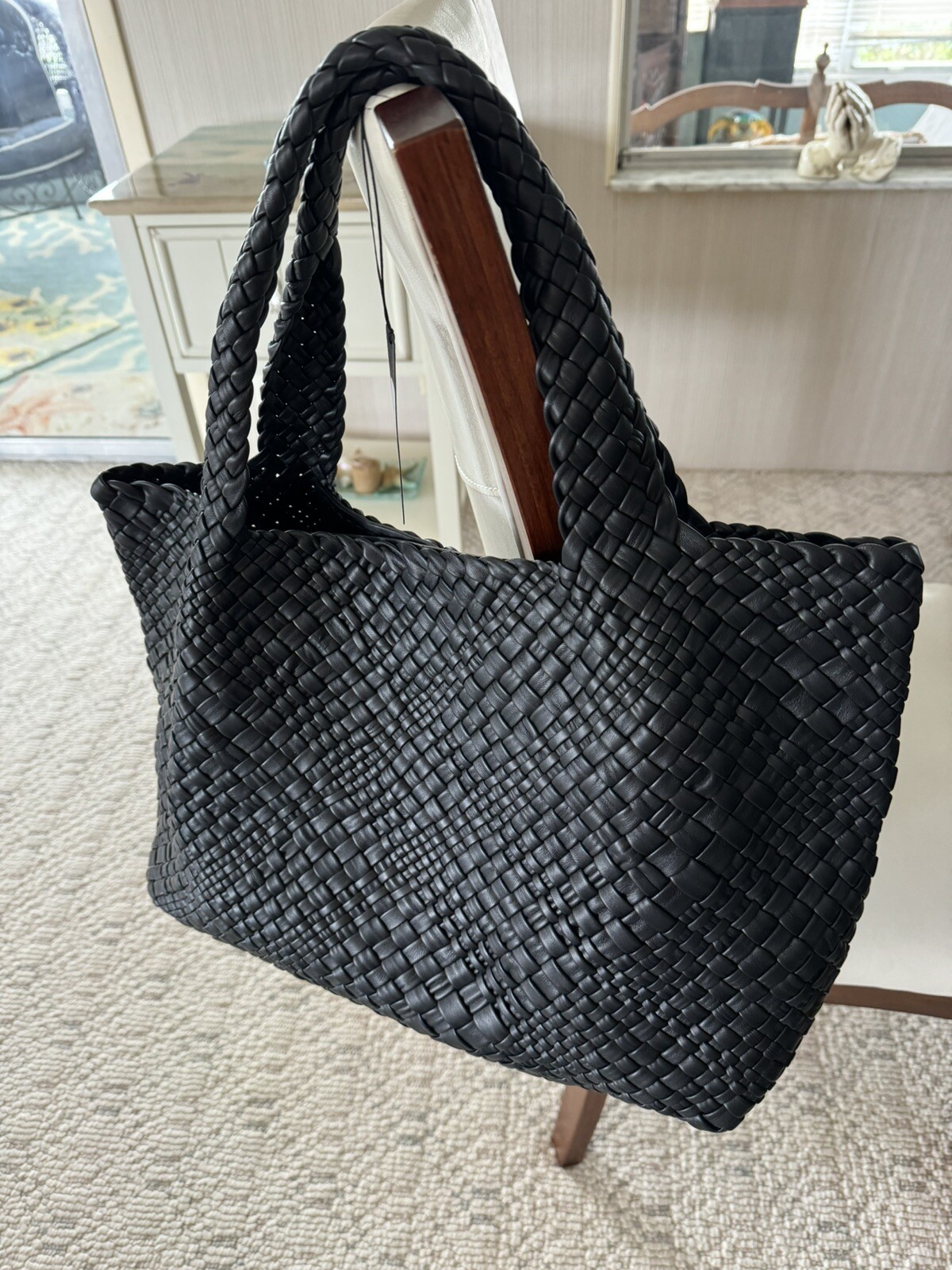 FALOR -ITALIAN Woven Soft Leather ~BLACK Tote Shoulder Bag XL NWT