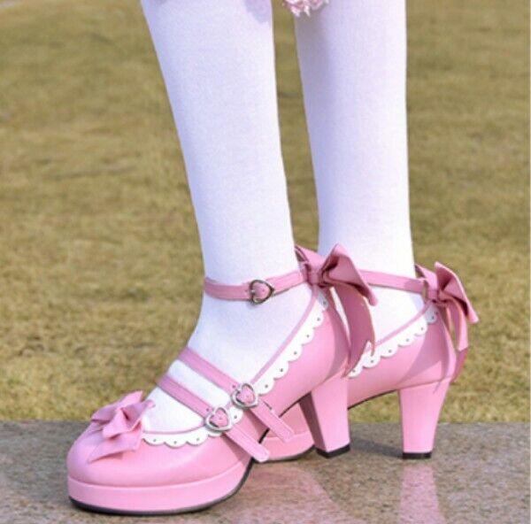 Lolita Women’s Mid Heel Cosplay Shoes Bowknot Platform Sweet Candy Shiny Leather