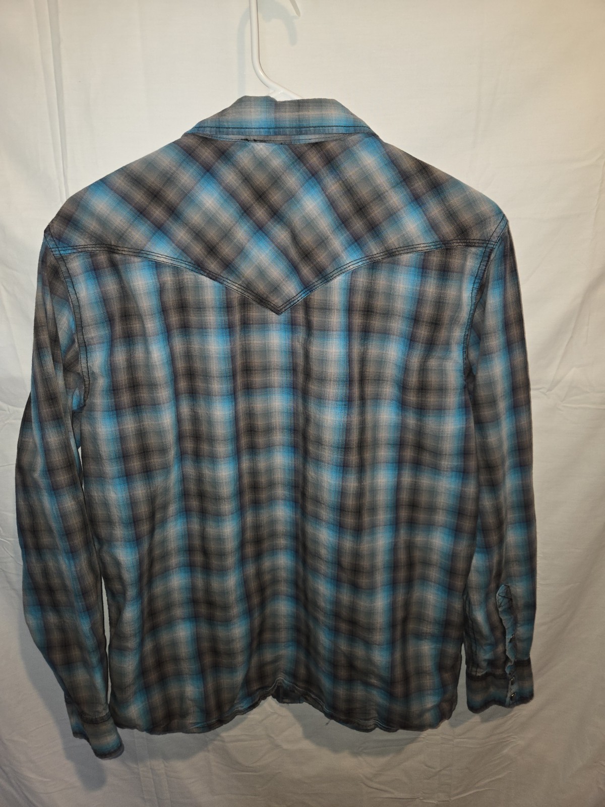 Moon Shine Spirit Men’s Gray Blue Plaid Shirt Snap Western Long Sleeve M