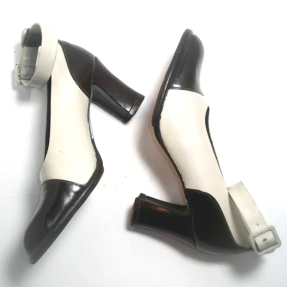 Vtg 90’s Black & Cream Chunky Cap-Toe Ankle Strap Pumps Made in Italy 9M 39M