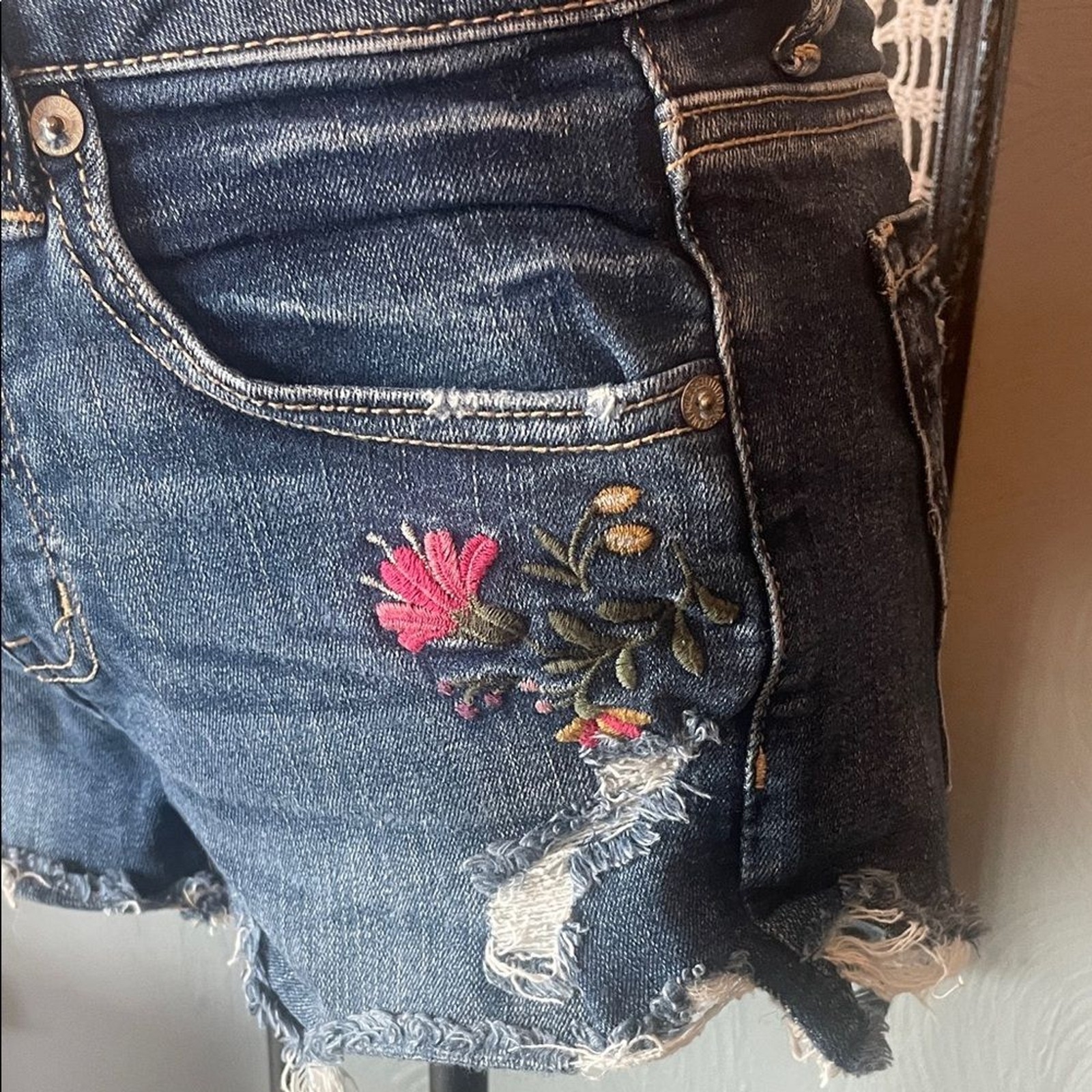 American Eagle Outfitters Dark Blue Jean Shorts with Floral Embroidery