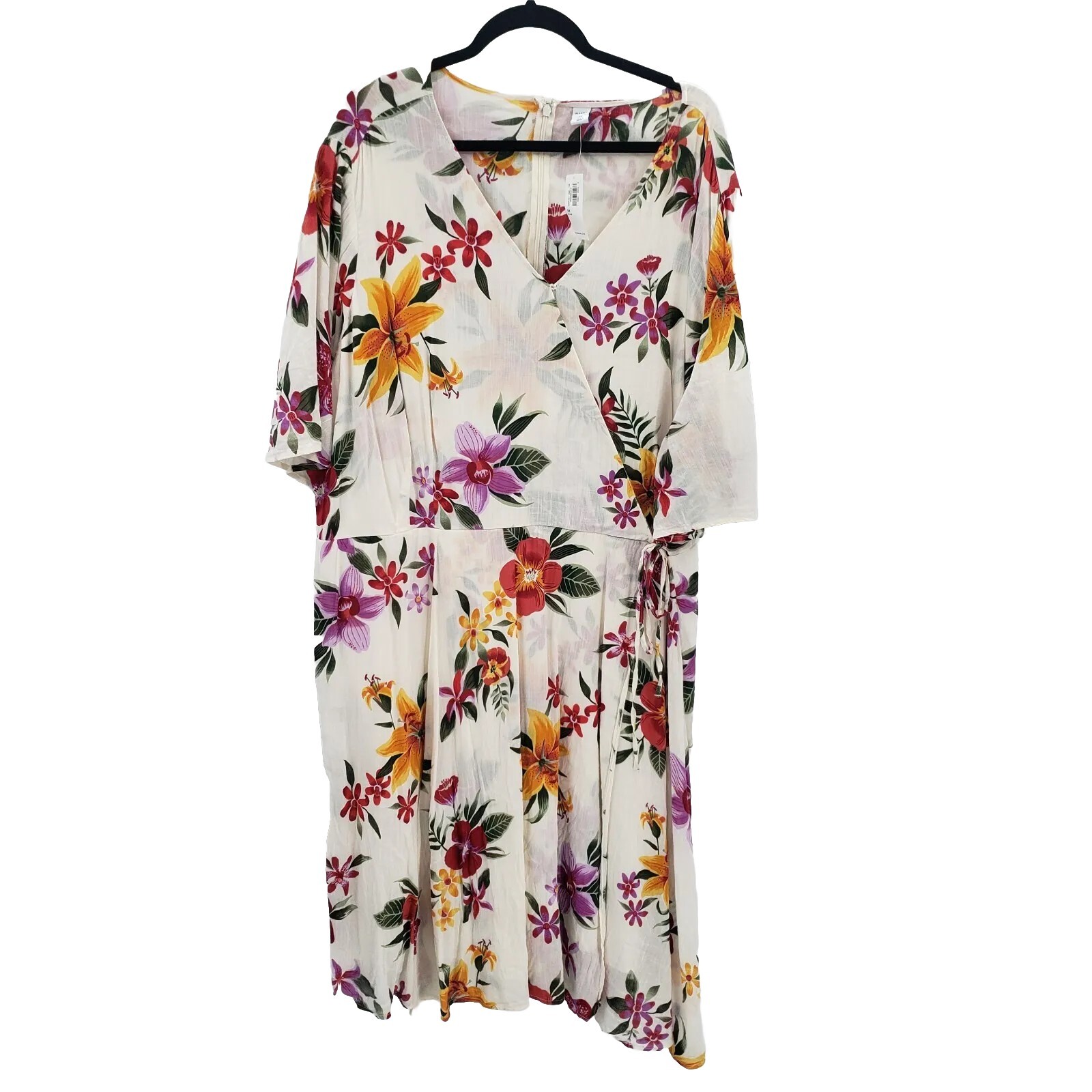 Old Navy Floral Faux Wrap Dress Womens 3x Ivory V Neck Bell Sleeve Above Knee