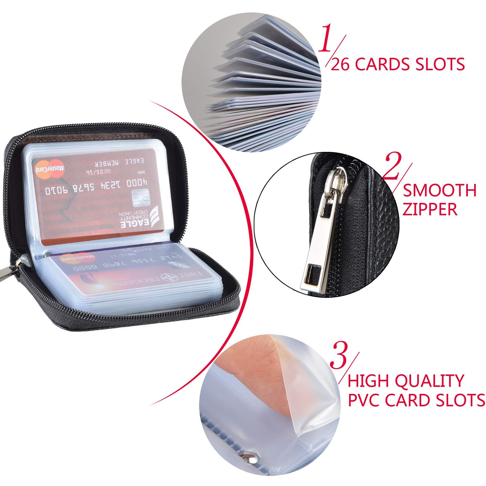 Genuine Leather Credit Card Holder Zipper Wallet With 26 Card Slots (Black)