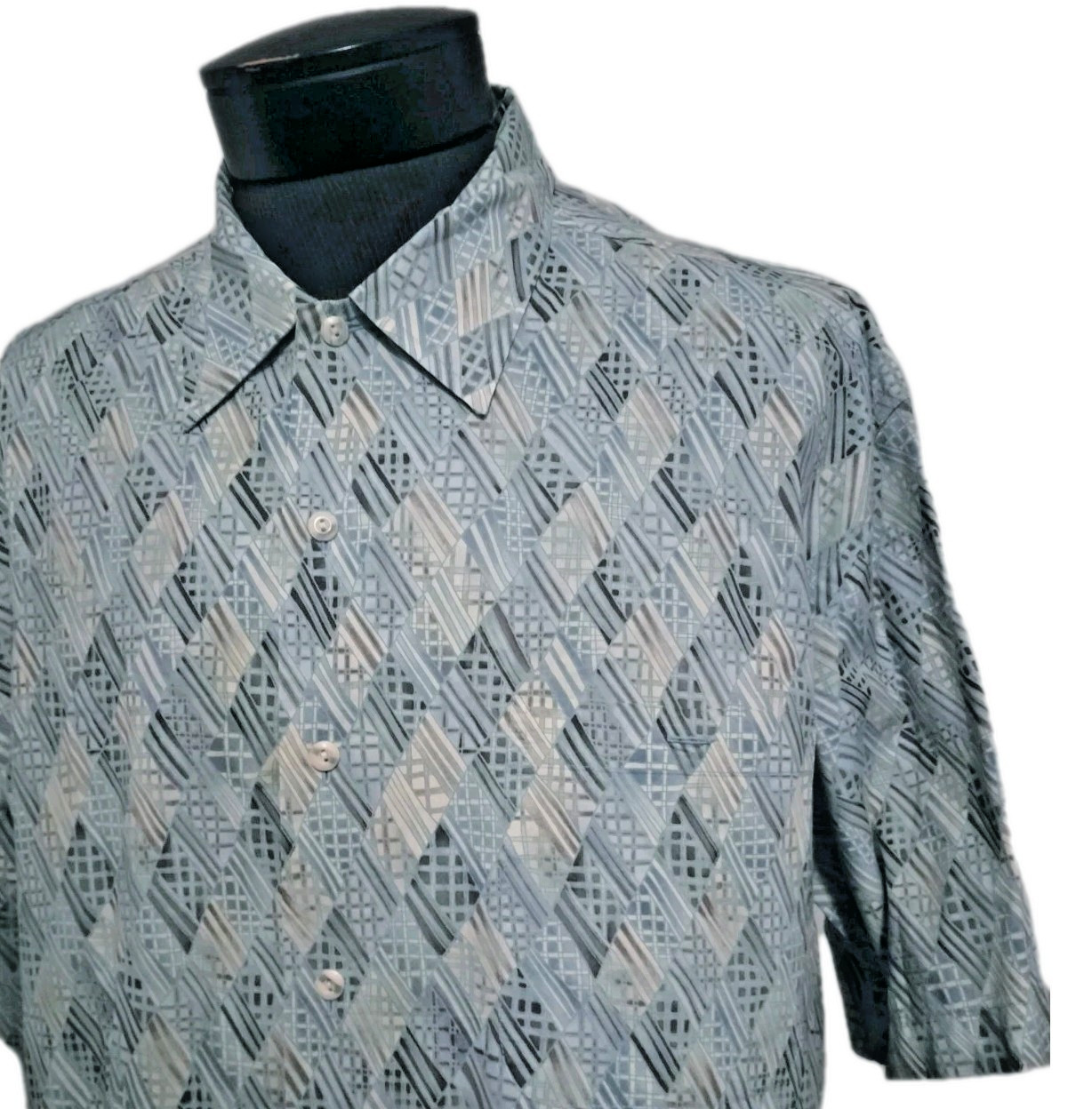 Burma Bibas Shirt Men Large Blue Geometric Tapa Inspired 60 Singles Cotton Lawn