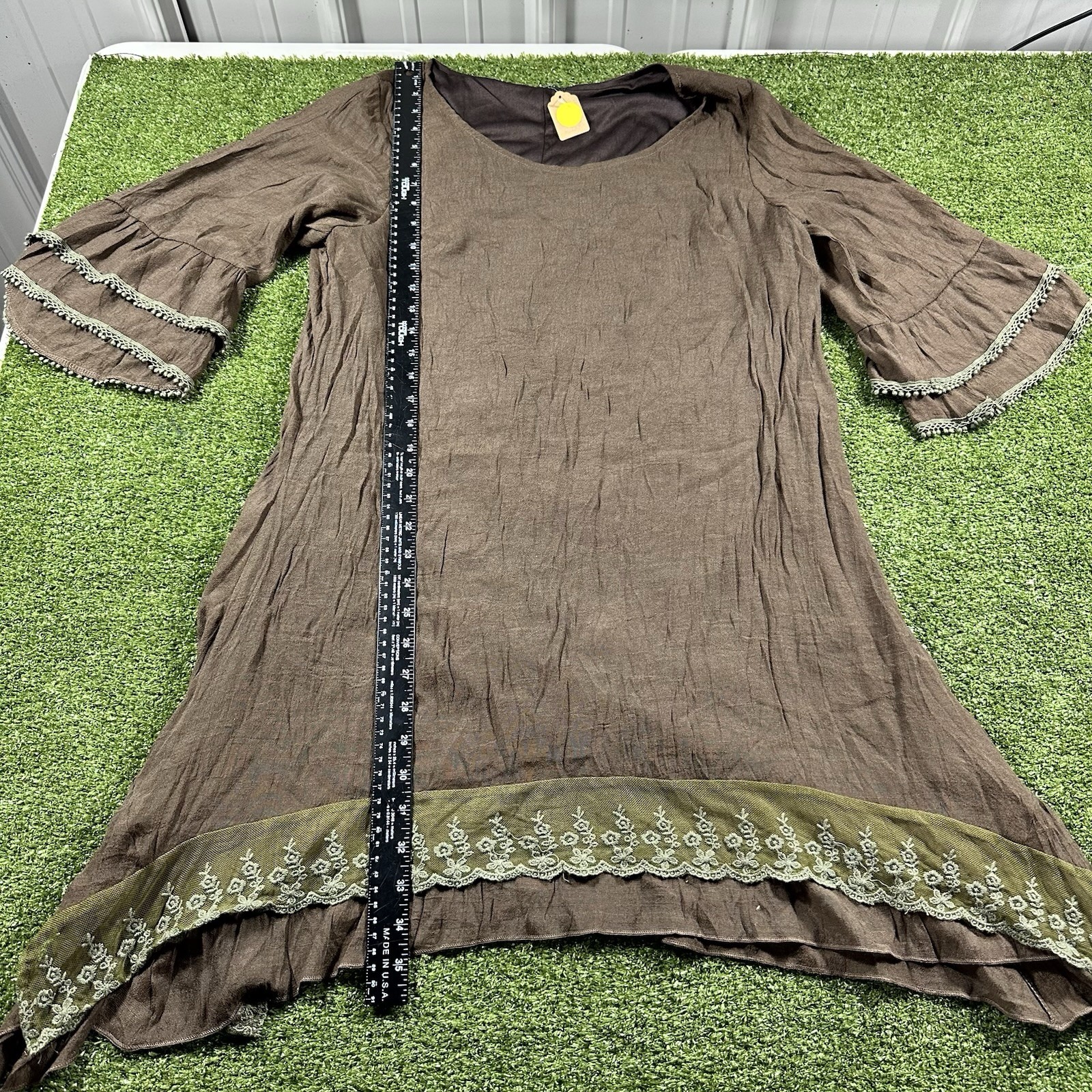 Adorn Brown Tunic with Bell Sleeves and Embroidered Lace Hem L