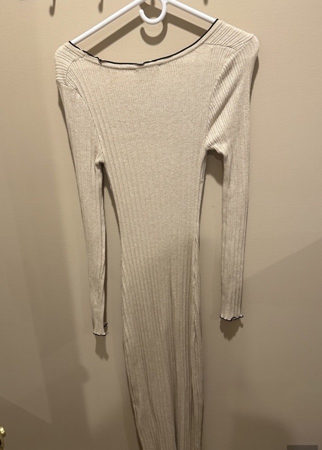 Olive + Oak Womens M Beige Black Ribbed Knit Maxi Sweater Dress Scoop Tie