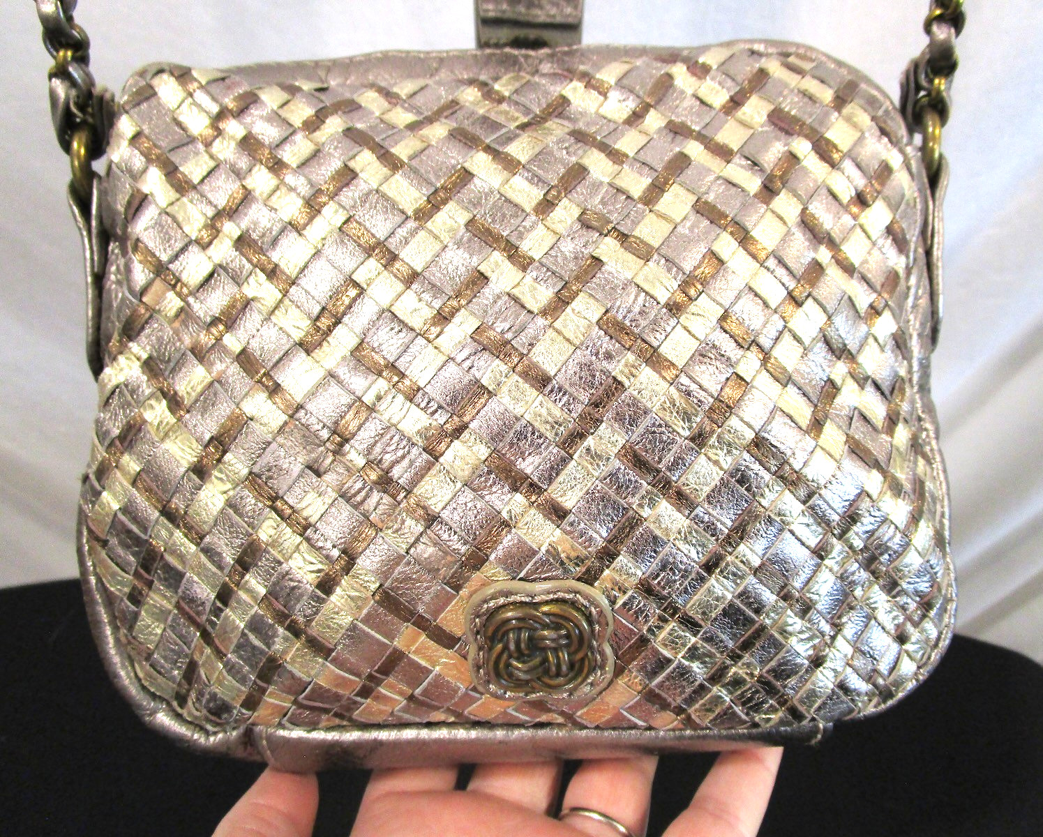 Elliott Lucca Small Silver, Gold Metallic Woven Leather Crossbody Purse