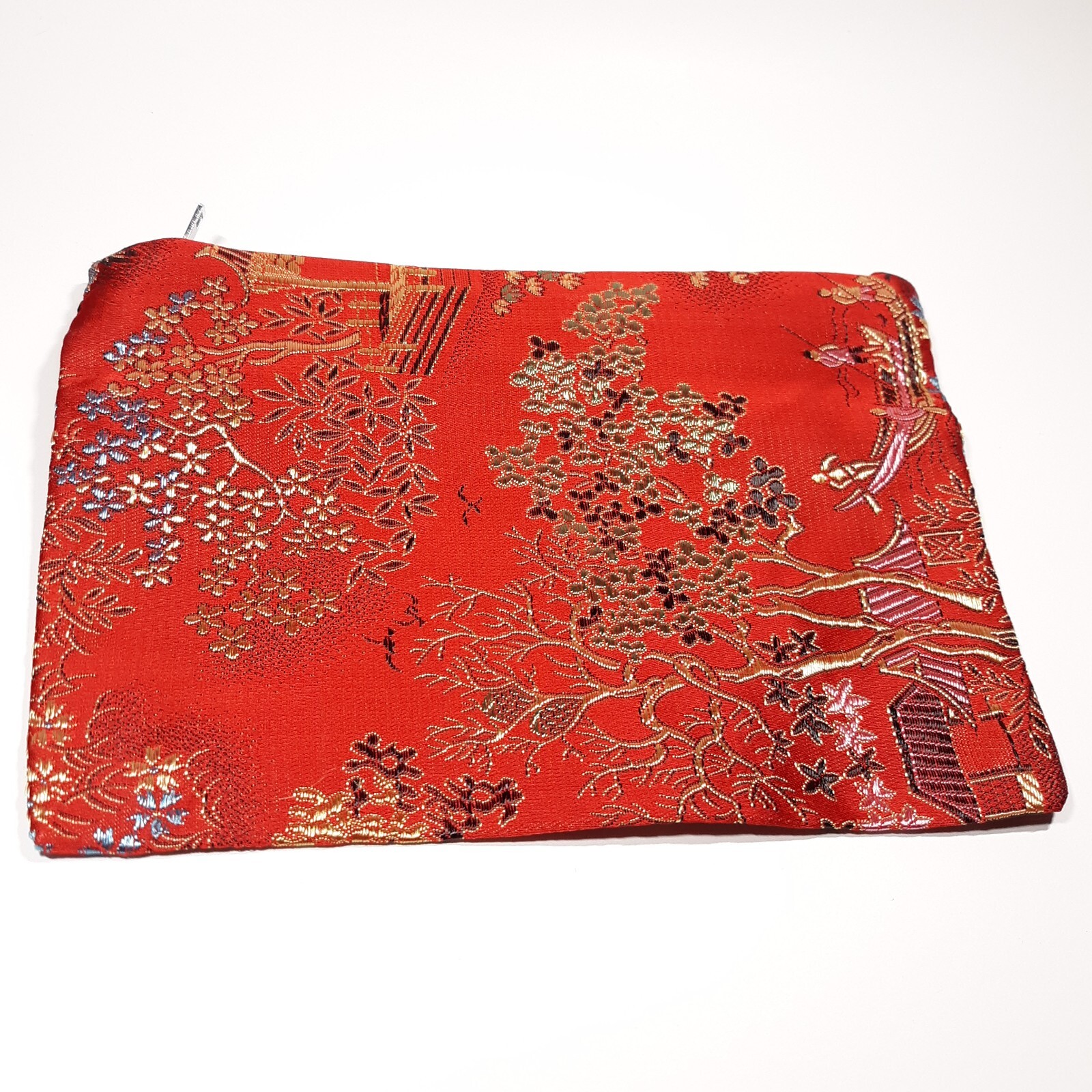 VINTAGE COSMETIC PURSE ACCESSORY SET RED SILK ORIENTAL PRINT + Lipstick Holder
