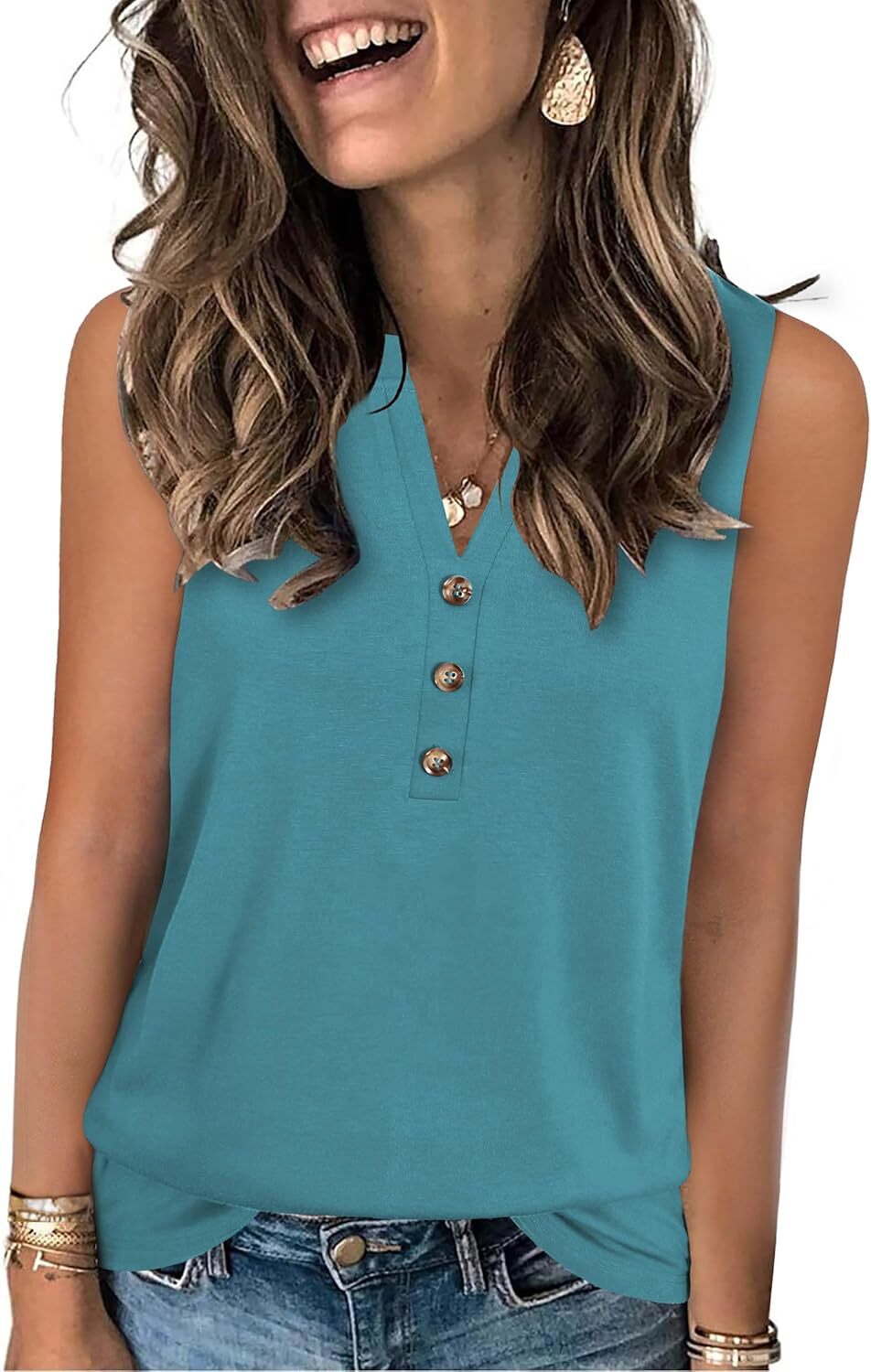 Womens Summer V Neck Tank Top Sleeveless Loose Fit Lightweight Casual Blouse