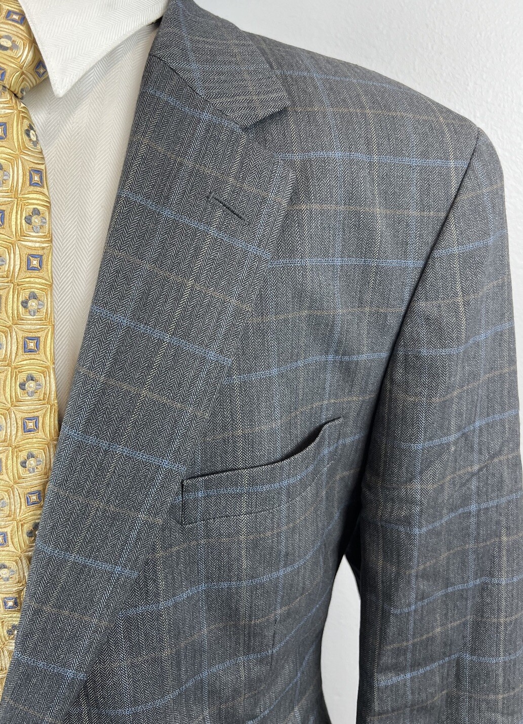 Tom James Corporate Image Men’s Gray Windowpane Wool Sport Coat Blazer Size 42 L