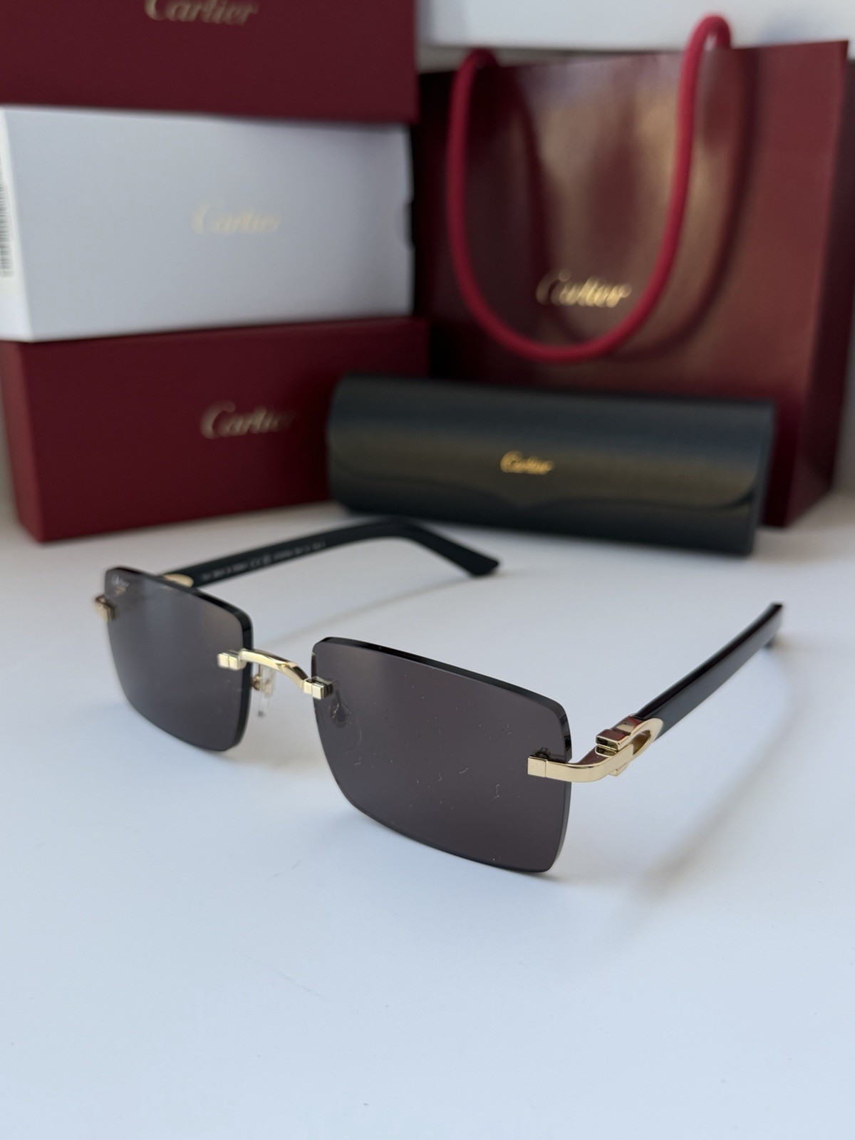 CARTIER CT0579S 005 Gold Black Dark Grey Lens Rectangular Sunglasses AUTHENTIC
