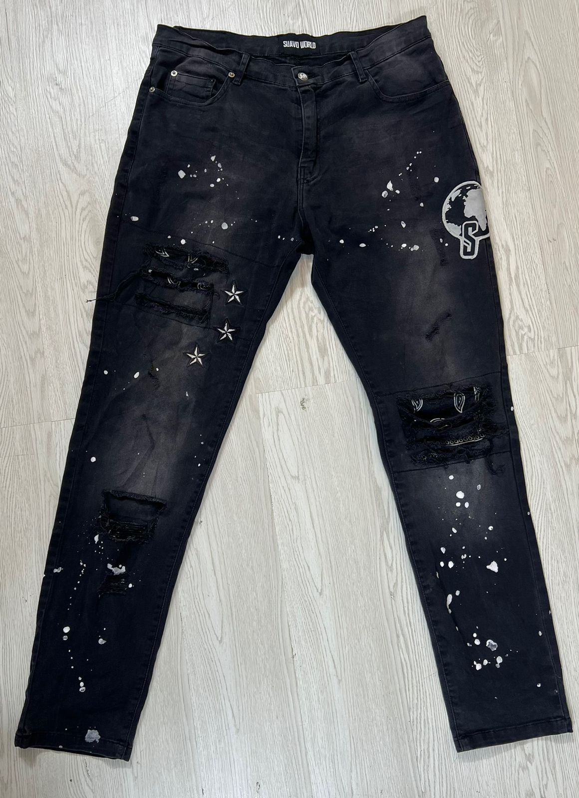 Suavo World Distressed Black Jeans Paint Splatter Ripped SlimDenim Streetwear 34