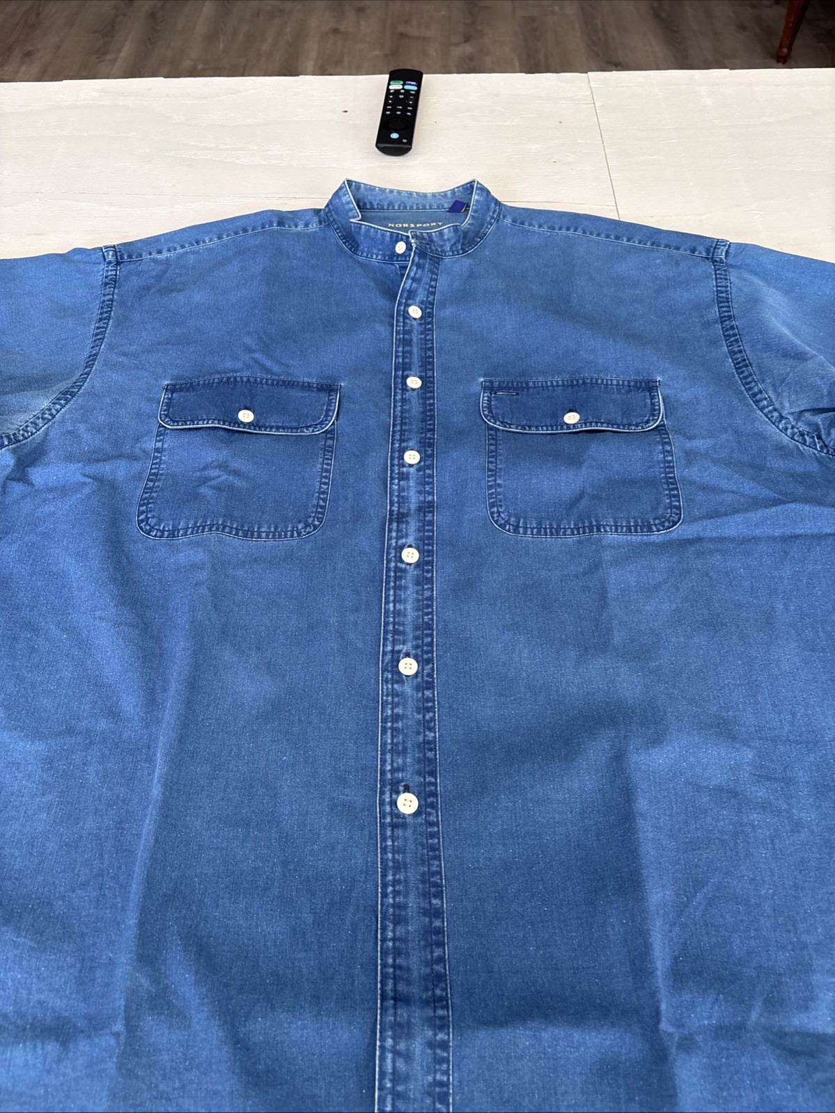 Norsport Men’s Band Collar Blue Denim Cotton Shirt Sz XL