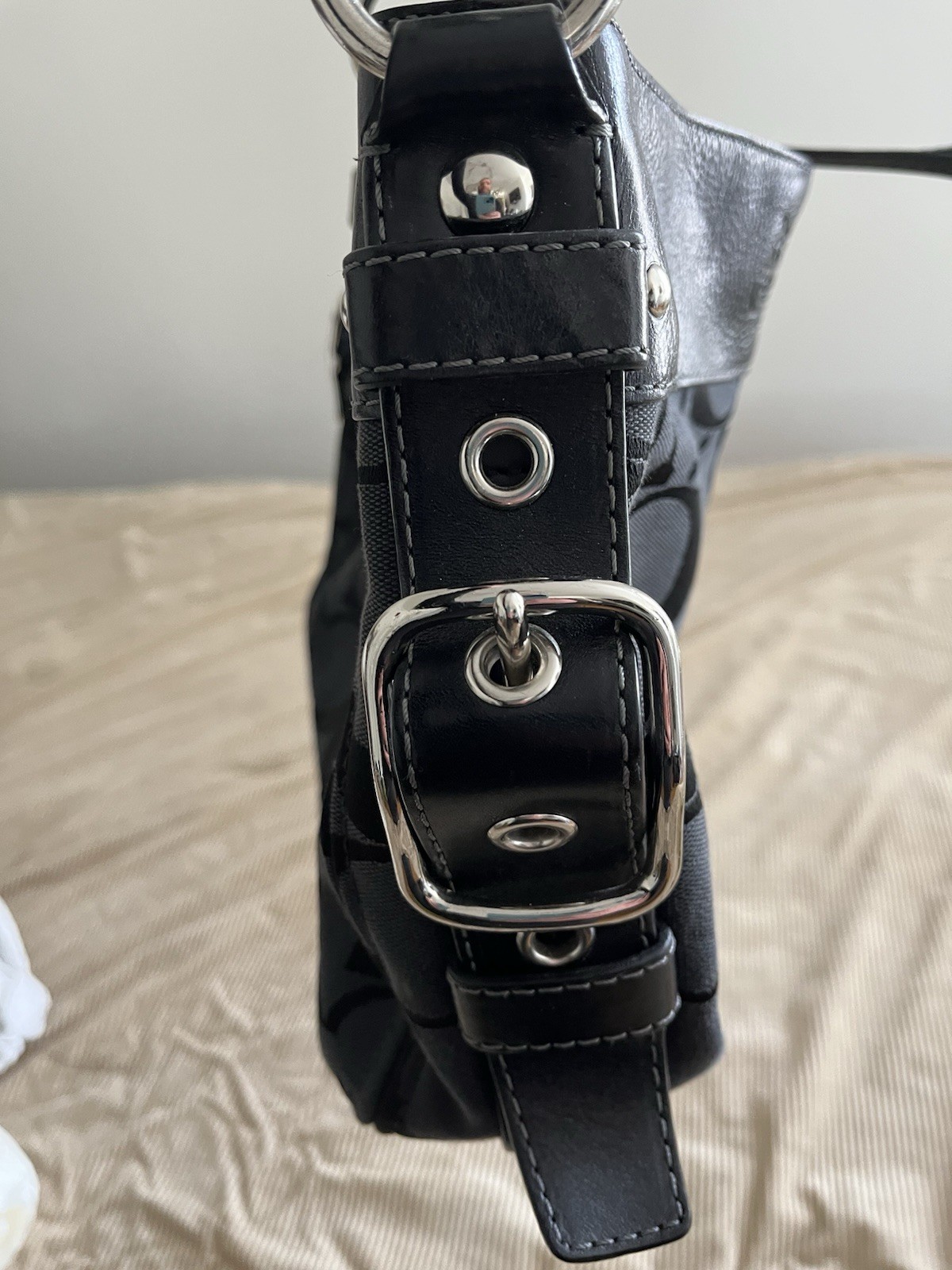 Coach Black Signature Logo Buckle Accent Silver Hardware Shoulder Bag