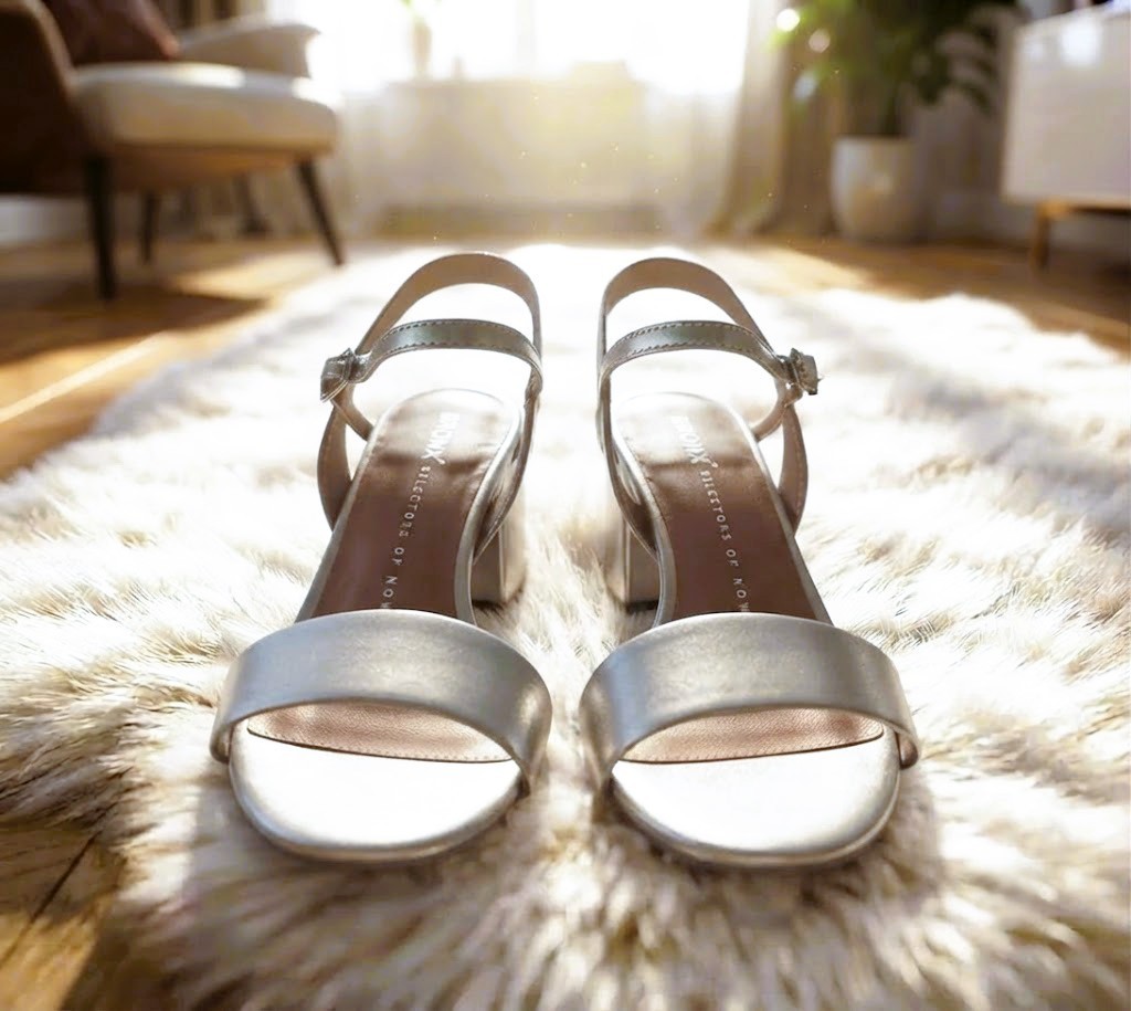 Silver metallic block heel sandals by Bronx (Size 37) with original box