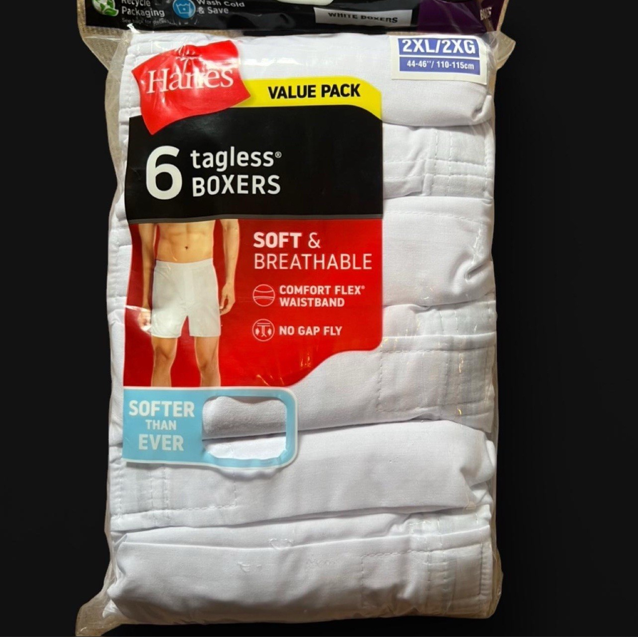 6 Pack Hanes Men’s Tagless Breathable White Woven Boxer Underwear Size 2XL Soft