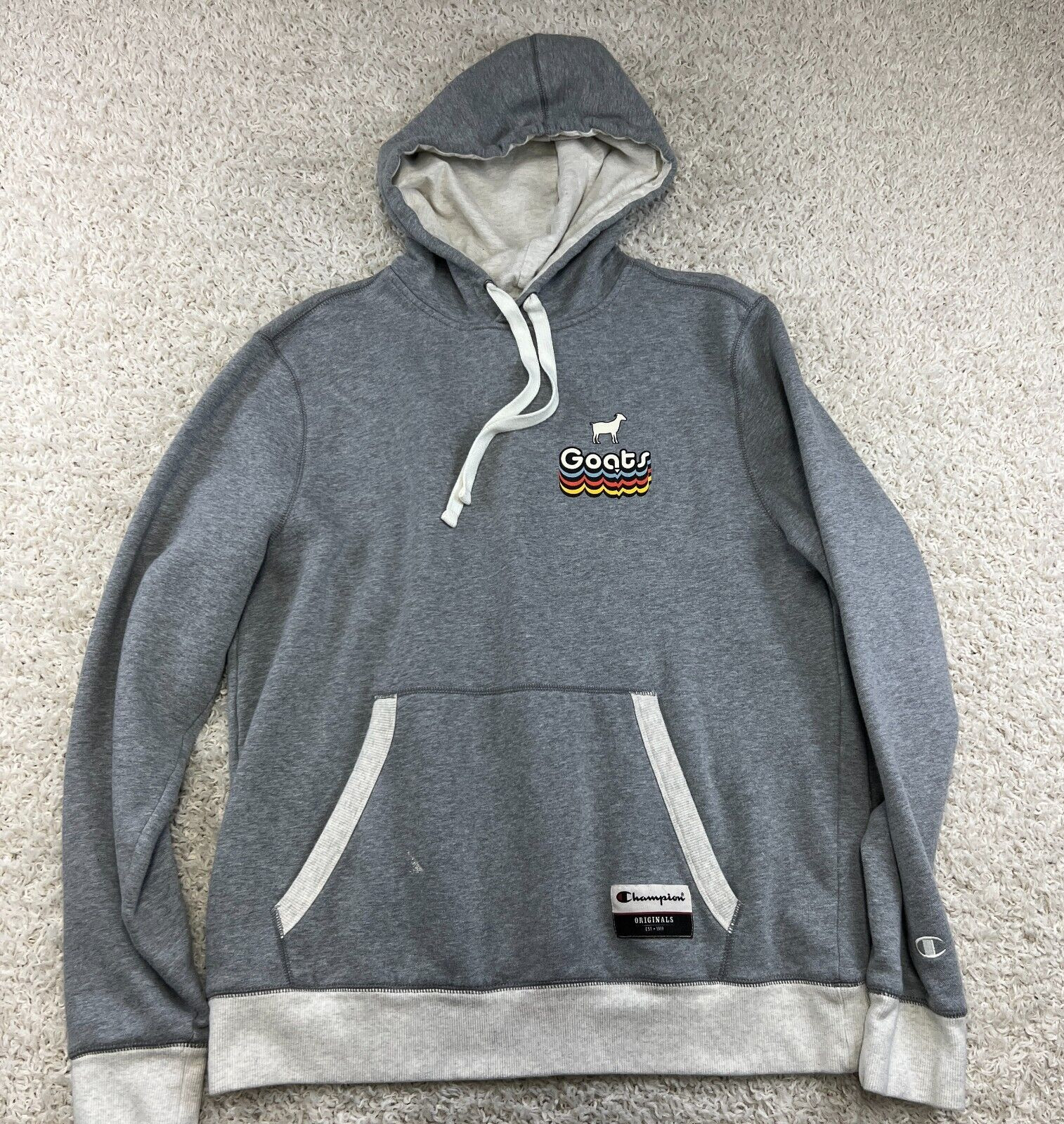 Champion Hoodie Sweatshirt Mens Large Gray GOATS Graphic Pocket Casual Leisure