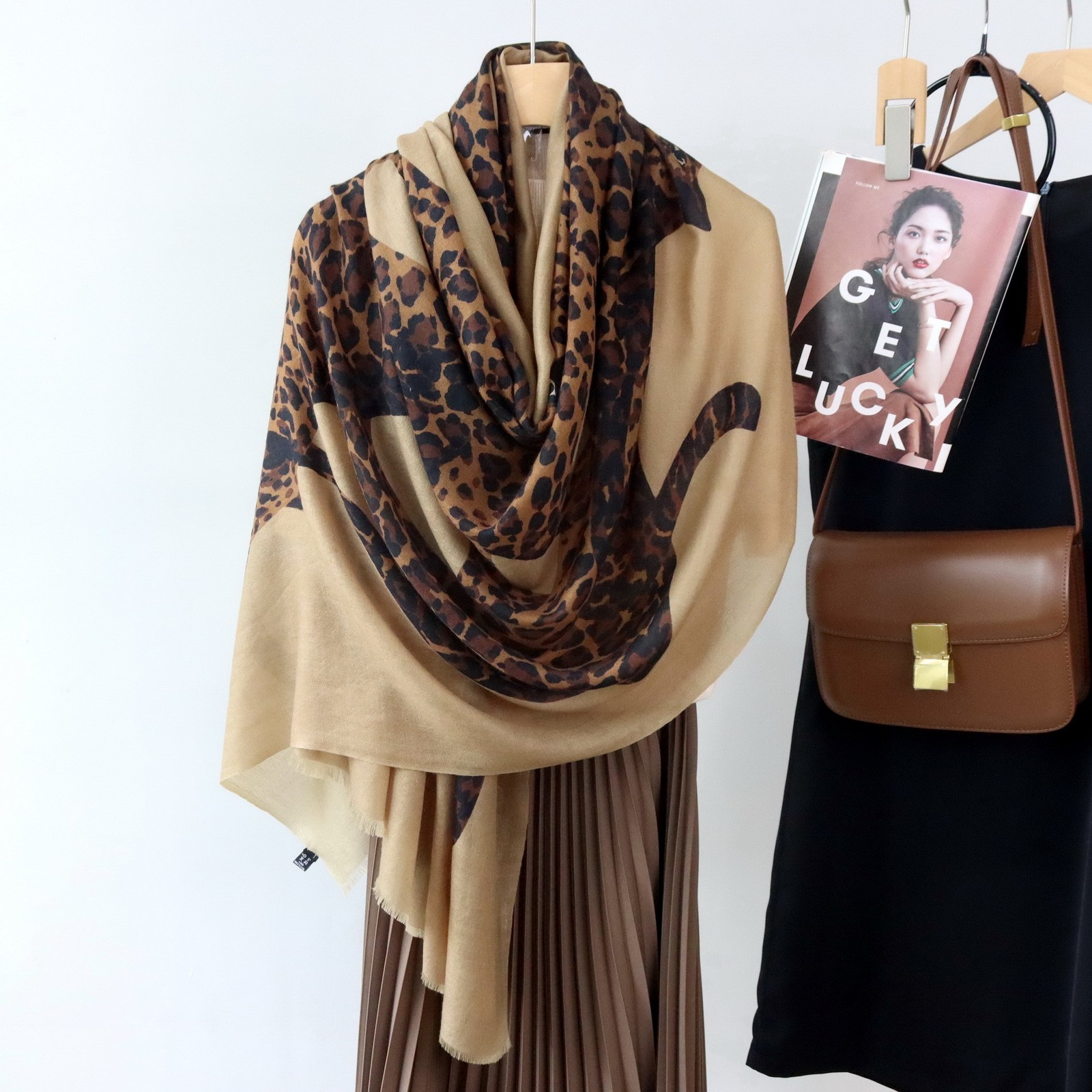 100% wool black & khaki cheetah print scarf fashion women’s shawl 200cm * 100cm