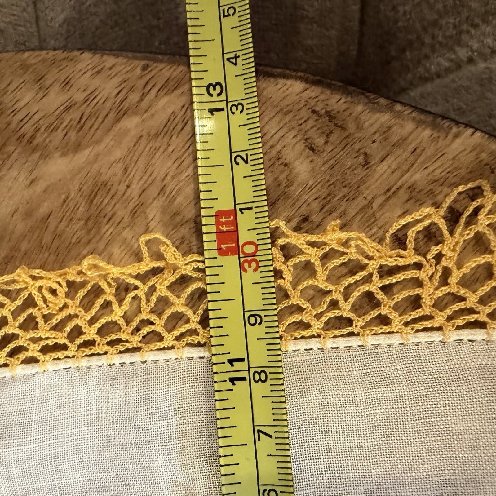 White Linen Handkerchief With Yellow Crochet Tatting 12” X 12”