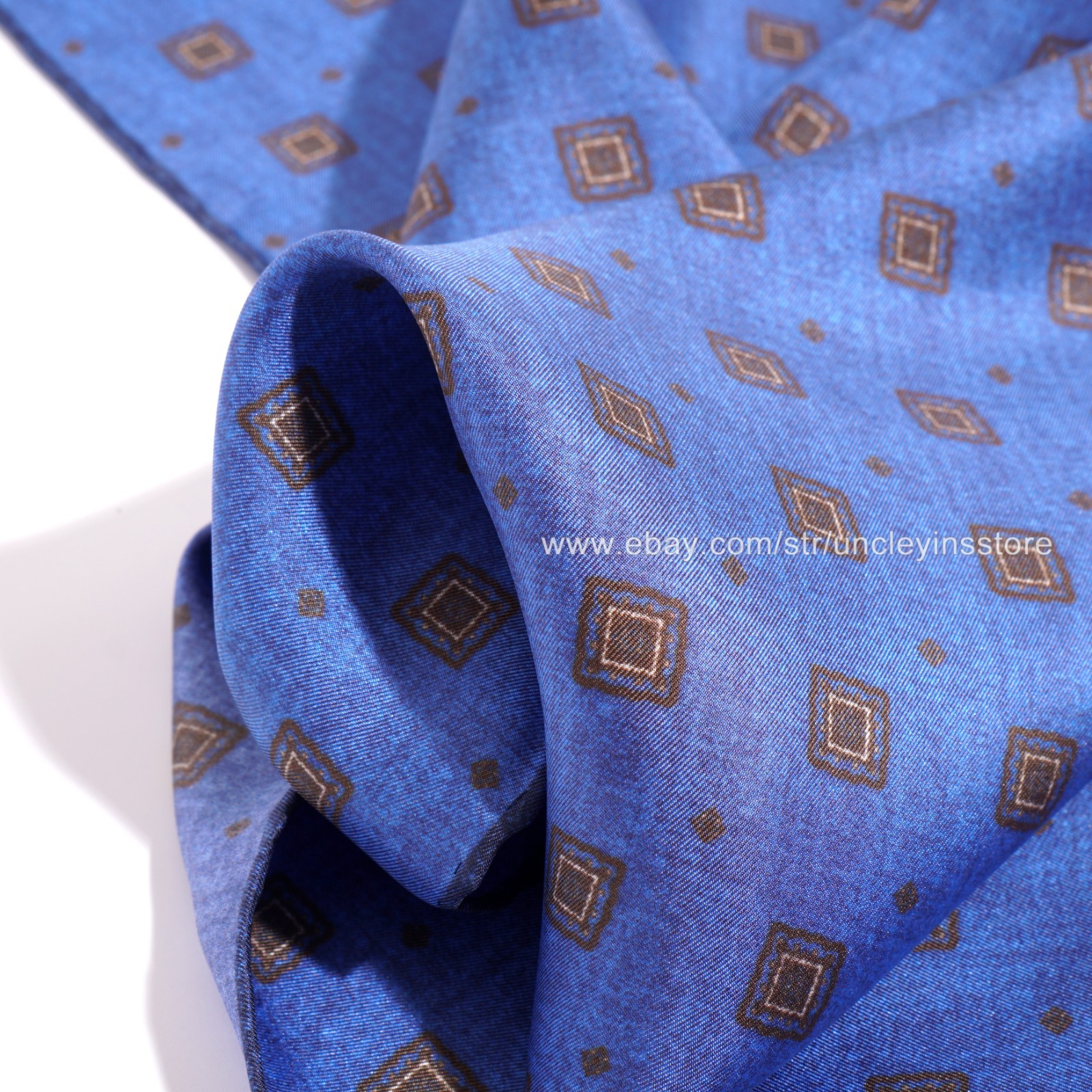 Men’s 21″ Silk Twill Pocket Square Hand Rolled Vintage Geometric Blue Brown