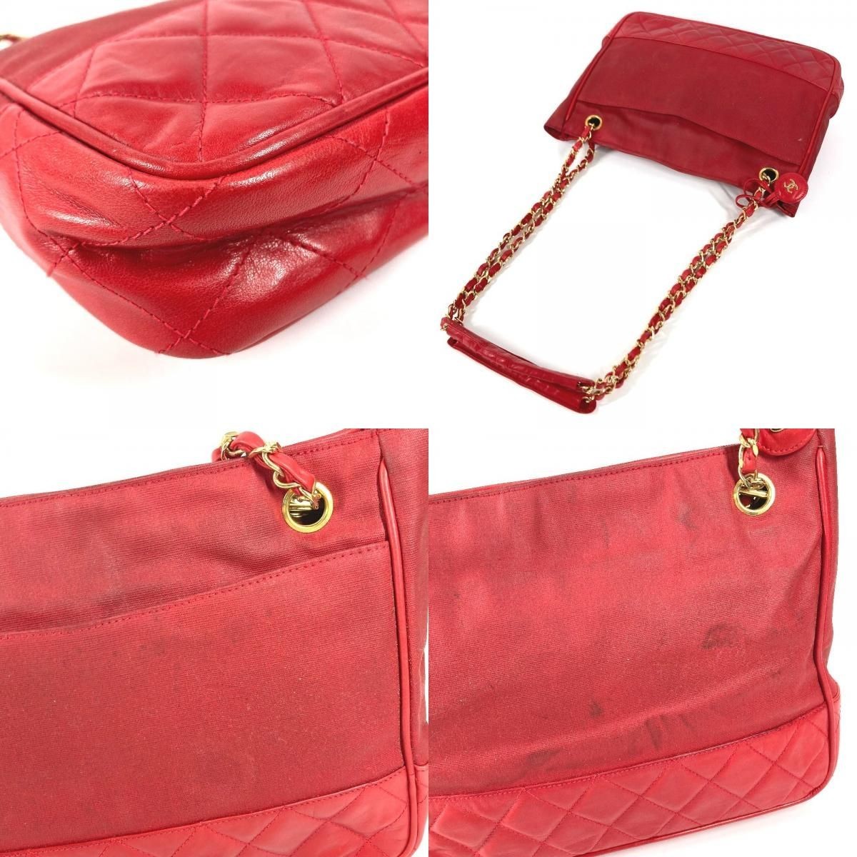Chanel Matelasse Quilted Red Shoulder Bag Coco Mark Logo Used