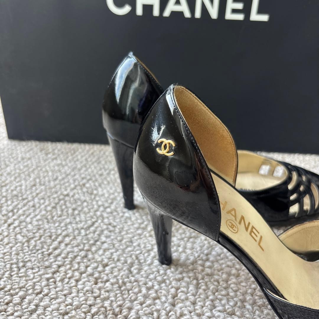CHANEL Open Toe High Heels 36.5 Black Patent Leather 7.1-10cm Heel