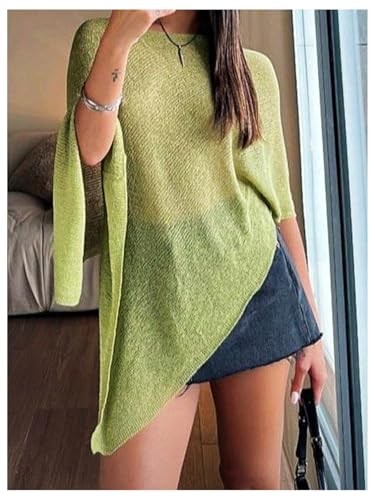 Women’s Sheer Poncho Shrug Top Lightweight Flowy Knit Sweater Medium Green